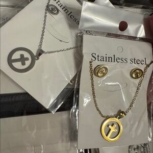 Stainless Steel Cross Necklace and Earring Set - Gold and Silver